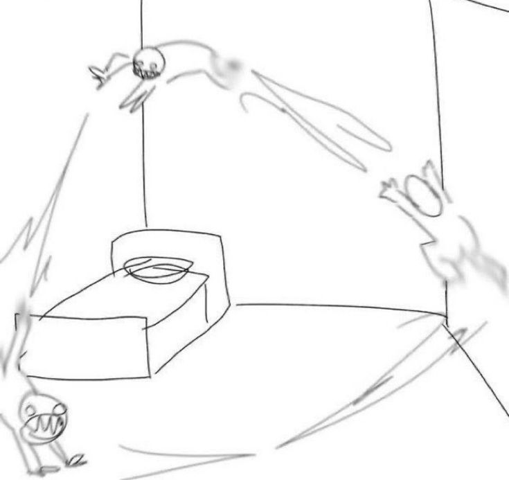 a drawing of a person jumping over a bed in the middle of an empty room