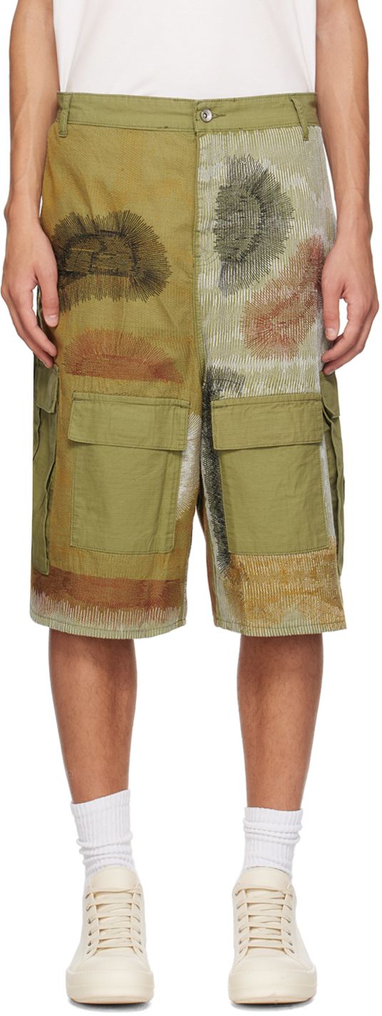 Cotton ripstop shorts. Embroidered camouflage pattern throughout. · Belt loops · Four-pocket styling · Zip-fly · Flap pockets at legs · Leather logo patch at back waistband Available exclusively at SSENSE. Supplier color: Olive Military Style Khaki Cargo Shorts With Multiple Pockets, Military Style Green Cargo Shorts For Outdoor, Green Military Style Cargo Shorts For Outdoor, Green Military Cargo Shorts For Outdoor, Military Green Cargo Shorts For Outdoor, Military Style Khaki Shorts With Side Pockets, Outdoor Green Shorts With Patch Pockets, Green Outdoor Shorts With Patch Pockets, Green Military Cargo Shorts With Pockets