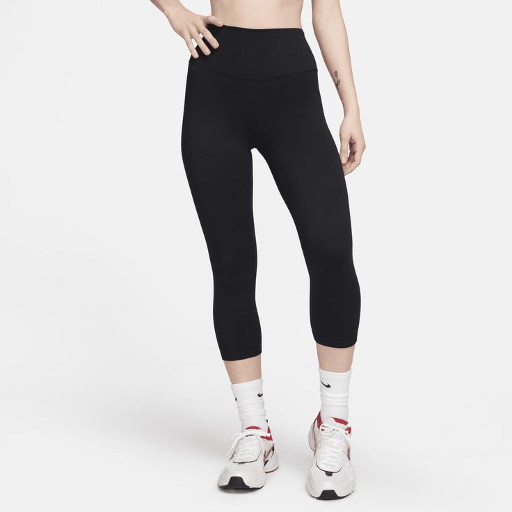 Up for a workout or down to chill, these leggings are the Ones that are ready for whatever you are. Their midweight, peachy-soft fabric stretches with your every move and dries quickly. Plus, a high waist is designed to meet your favorite cropped tops for a head-to-toe look that you can feel confident and comfortable in all day long. Crop Leggings, Cropped Tops, Women Lifestyle, A Workout, Bottom Clothes, Sheer Fabrics, Cropped Leggings, Nike Dri Fit, Black Leggings