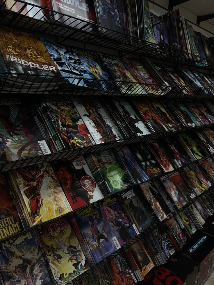 there are many comics on the shelves in this store