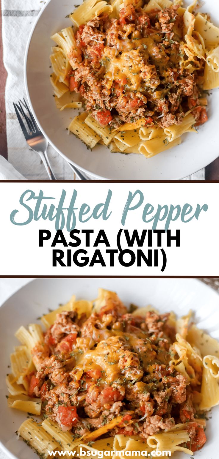 stuffed pepper pasta with rigatoni in a white bowl