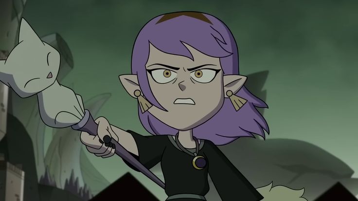 a cartoon character with purple hair holding a stick