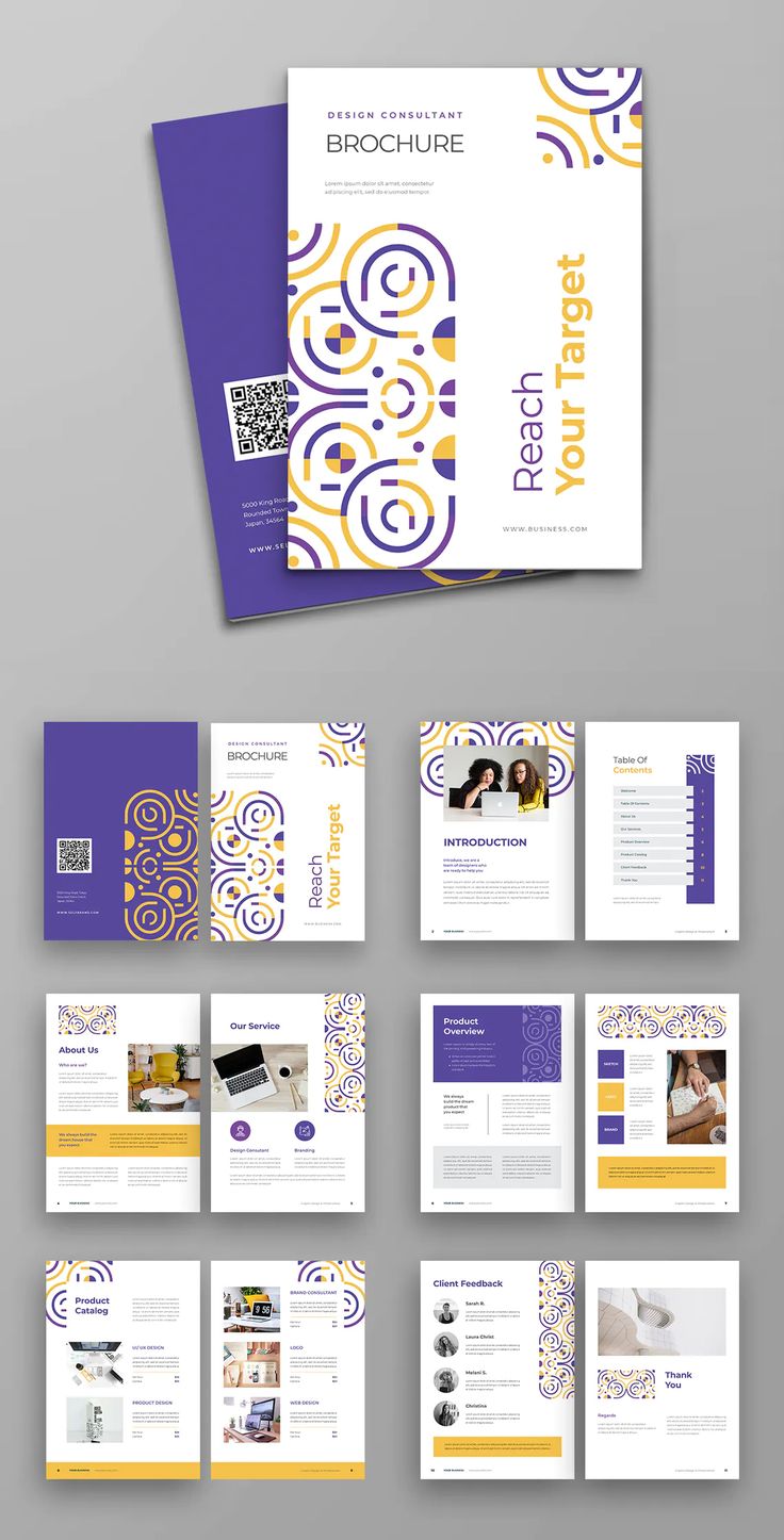 the brochure is displayed in purple and yellow colors, with an abstract design on it