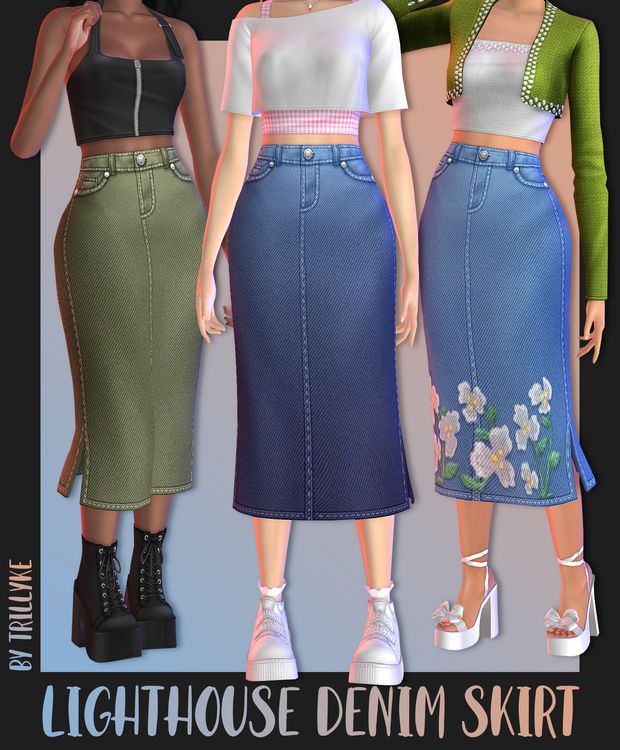 three women in skirts and crop tops are standing next to each other, with the caption lighthouse denim skirt