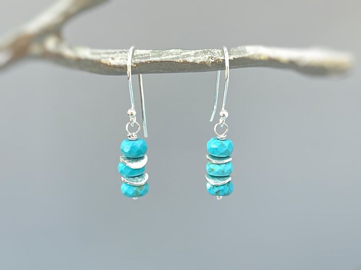 Handmade Turquoise sterling silver boho earrings for women. Robin's egg blue Turquoise gemstones hang from hand crafted sterling silver, Rose Gold Fill, or Gold Fill ear wires or leverbacks. Dainty lightweight earrings perfect for everyday wear.  Handmade Jewelry crafted with love one at a time in my northern Michigan studio. Gemstones are nature's creations and may vary slightly in color and inclusions, but all are lovely and hand selected to match. These earrings are Dainty approx 1 1/4" (35mm Everyday Nickel-free Turquoise Jewelry, Turquoise Dangle Jewelry For Everyday, Dainty Turquoise Dangle Jewelry, Everyday Turquoise Wire Wrapped Jewelry, Everyday Turquoise Dangle Jewelry, Turquoise Hypoallergenic Jewelry For Everyday, Turquoise Hypoallergenic Everyday Jewelry, Everyday Hypoallergenic Turquoise Jewelry, Turquoise Dainty Jewelry With Earrings Set