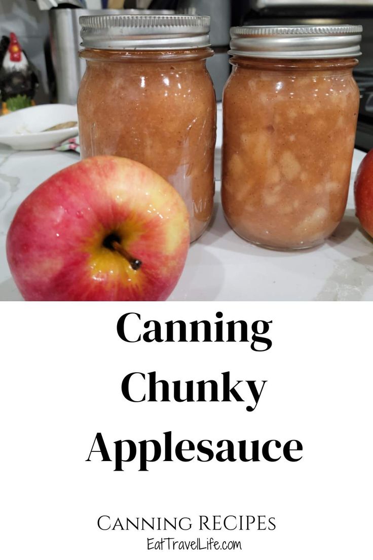 canning chunky applesauce in jars with text overlay