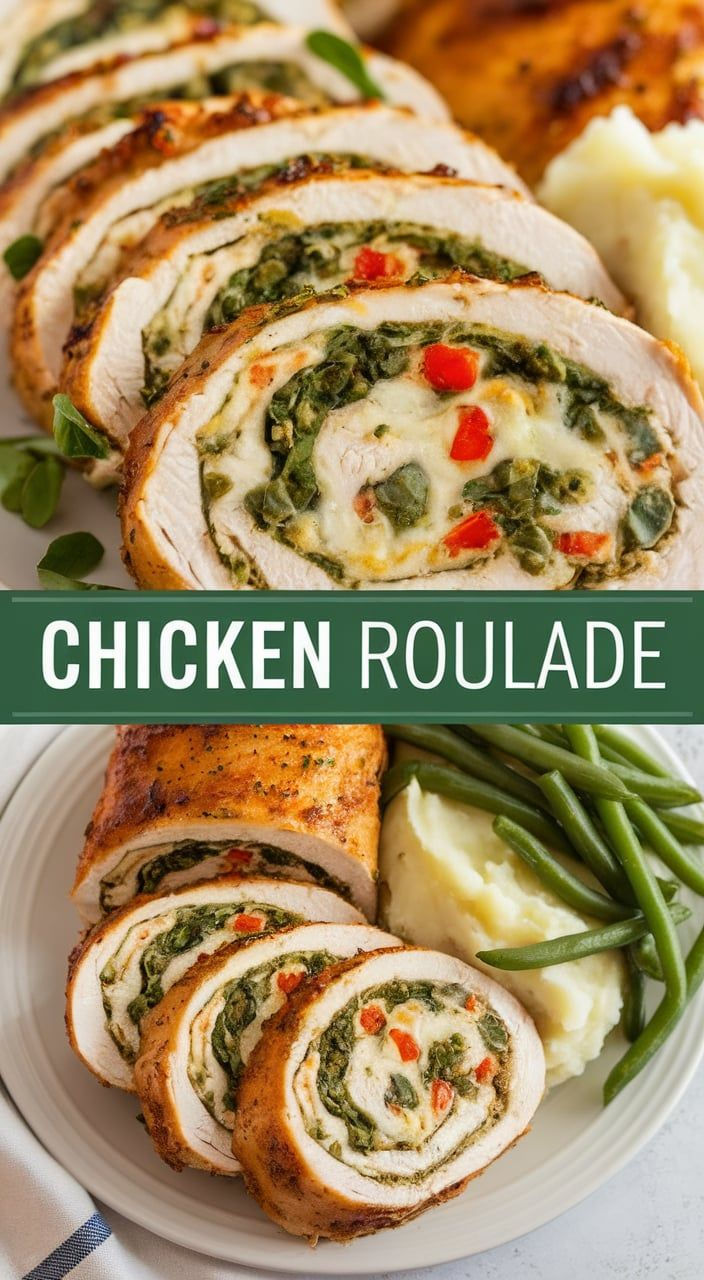 chicken roulade on a plate with green beans and mashed potatoes