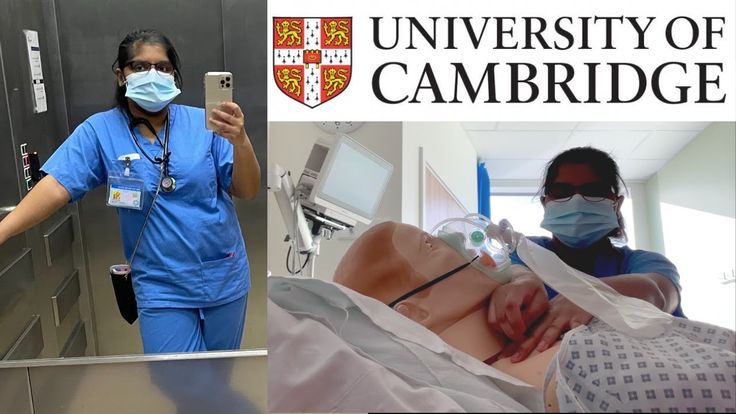 two doctors in scrubs and masks standing next to a hospital bed with the words university of cambridge on it