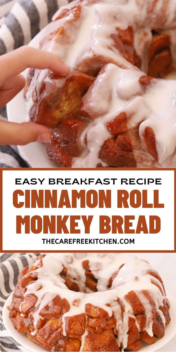 cinnamon roll monkey bread with icing on top and in the background is a white plate