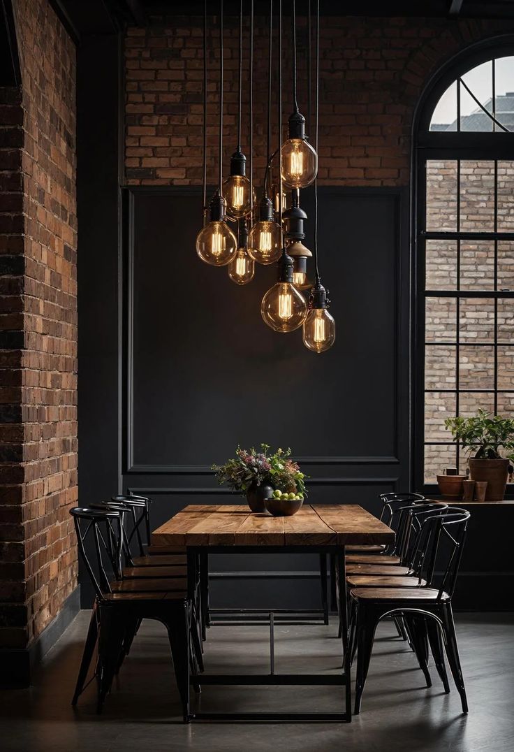 a dining room table with chairs and lights hanging from it's ceiling, in front of a brick wall