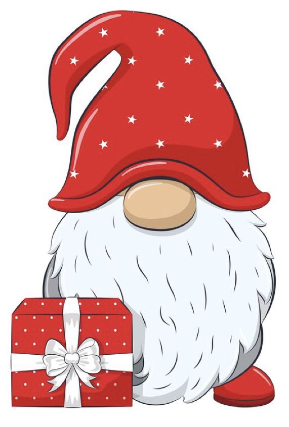 a cartoon gnome with a red hat holding a gift