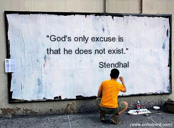 a man sitting on the ground in front of a large sign that says god's only excusse is that he does not exist