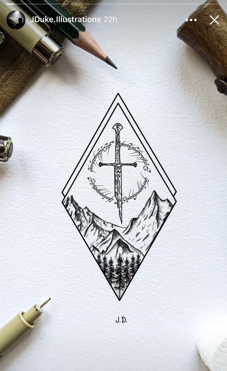 a pen and ink drawing of a cross in the mountains with trees on it, surrounded by other items