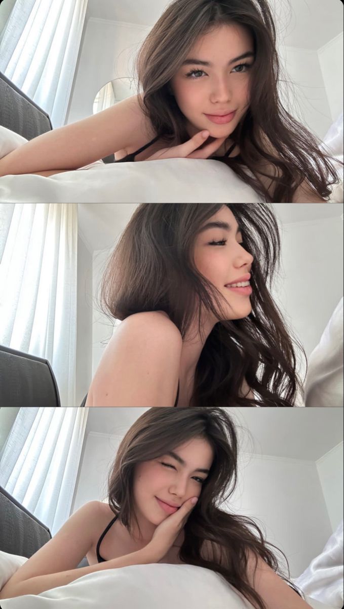 three pictures of a woman laying in bed with her hand on her cheek and smiling at the camera