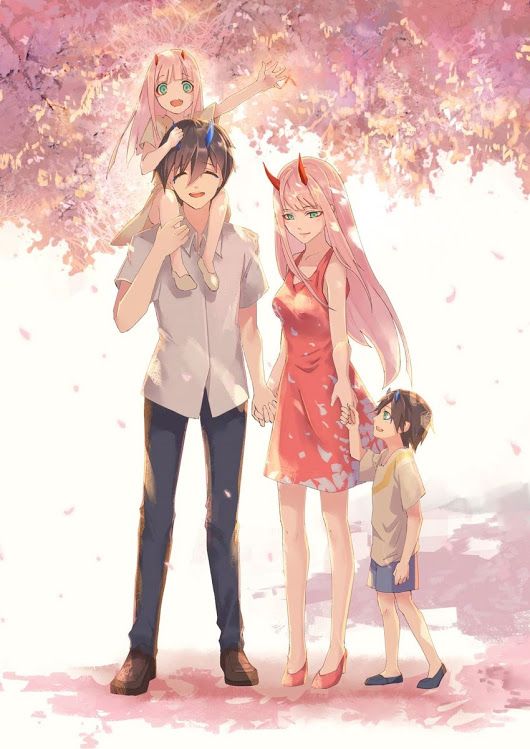 two girls and a boy standing next to each other in front of a pink tree