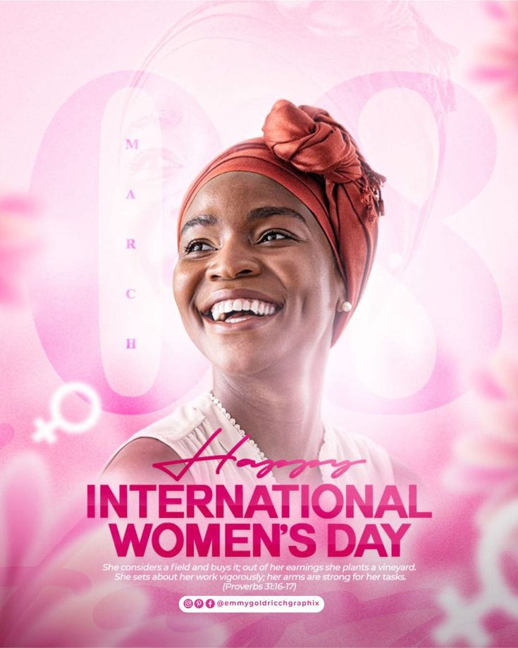 an advertisement for international women's day with a smiling woman in a turban