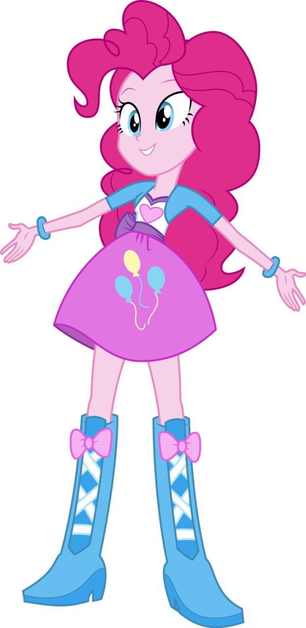 the pinkie is dressed in blue boots and a dress with bows on her head