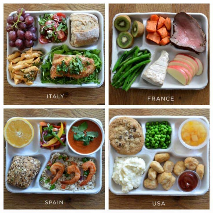 four plates with different types of food in each one, including meats, vegetables and fruit