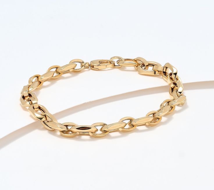 Simple sophistication, this cushion link bracelet adds gorgeous gleam to any ensemble. From David Markstein. Timeless Gold Link Bracelet With Polished Finish, Elegant Round Chain Bracelet With Solid Link, Timeless Oval Link Bracelet For Anniversary, Elegant Formal Chain Bracelet With Shiny Finish, Elegant Gold Link Bracelet With Polished Finish, Elegant Shiny Finish Chain Bracelet For Formal Occasions, Modern Yellow Gold Oval Diamond Bracelet, Modern Cushion Cut Jewelry For Formal Occasions, Anniversary Link Bracelet With Polished Finish