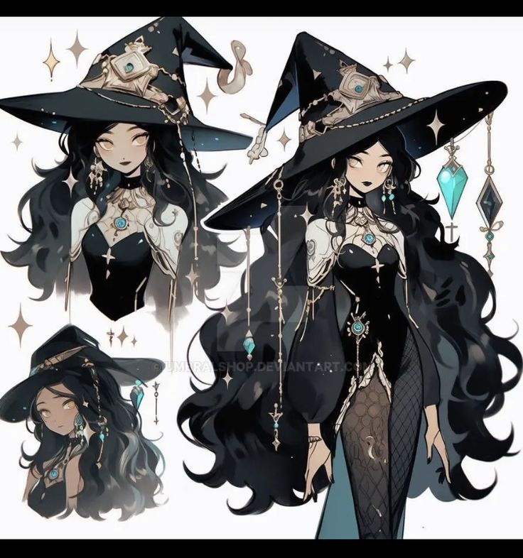 an anime character with long black hair wearing witches hats