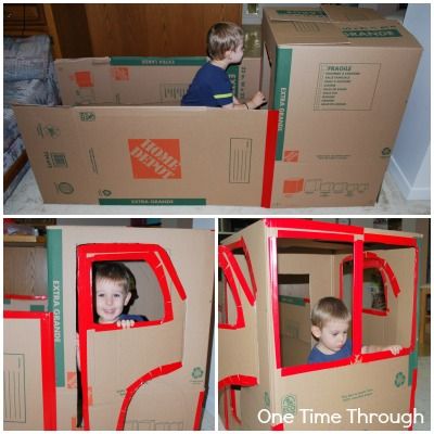 two pictures of a boy in a cardboard box with the door open and inside out