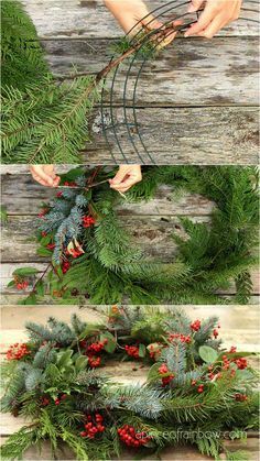 christmas wreath with red berries and greenery hanging on a wooden wall, ready to be hung