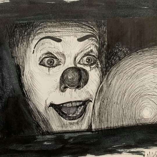 a black and white drawing of a clown