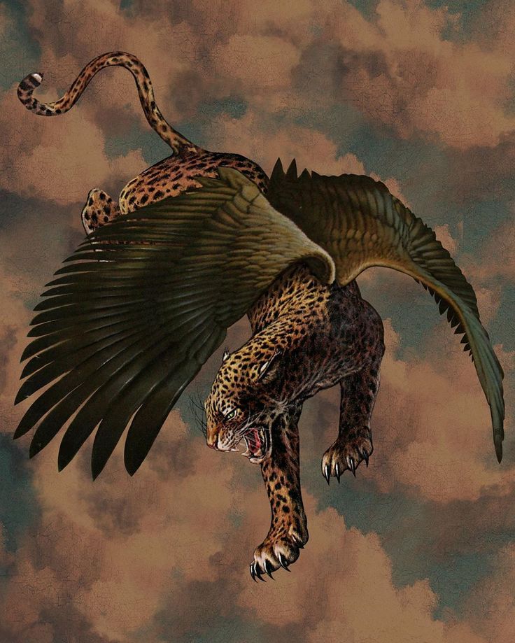 a painting of a cheetah flying through the air with its wings spread out