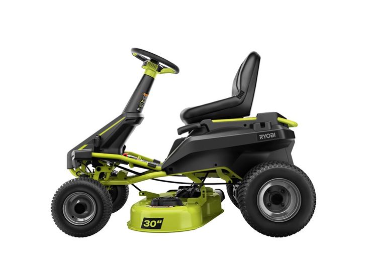 a lawn mower sitting on top of a green stand