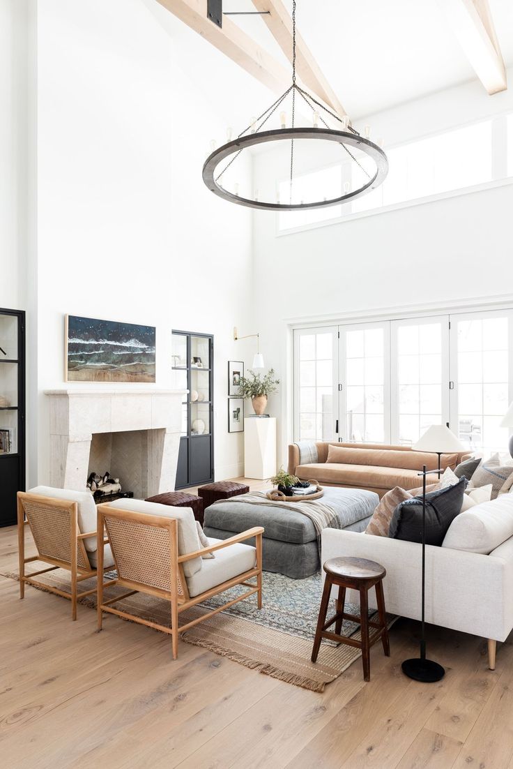 a living room filled with lots of furniture and a fire place in the middle of it