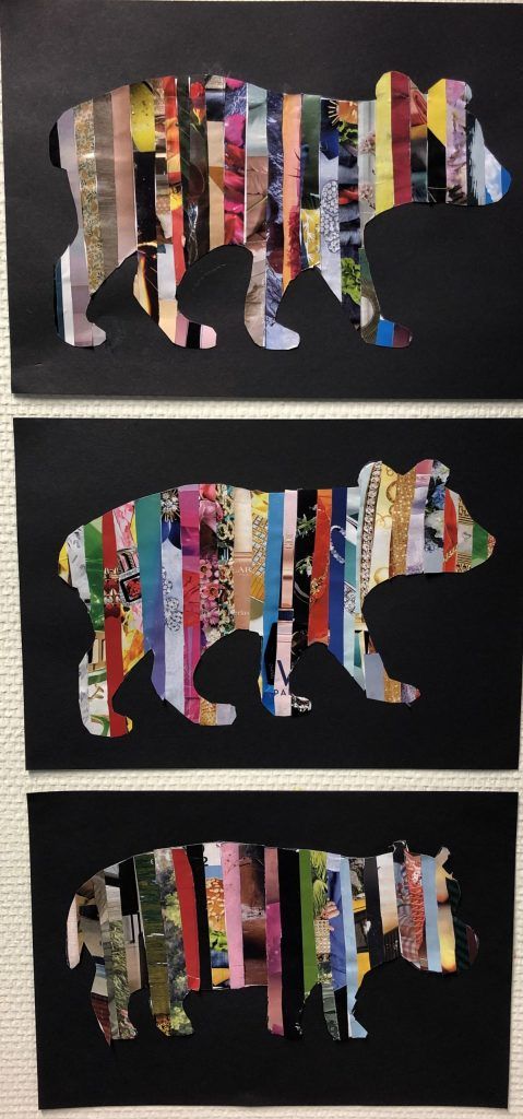 two pieces of paper cut out to look like bears with different colors and shapes on them