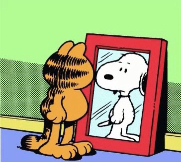 a cartoon dog looking at himself in the mirror