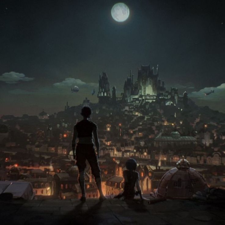 two people standing on top of a roof in front of a city with a full moon