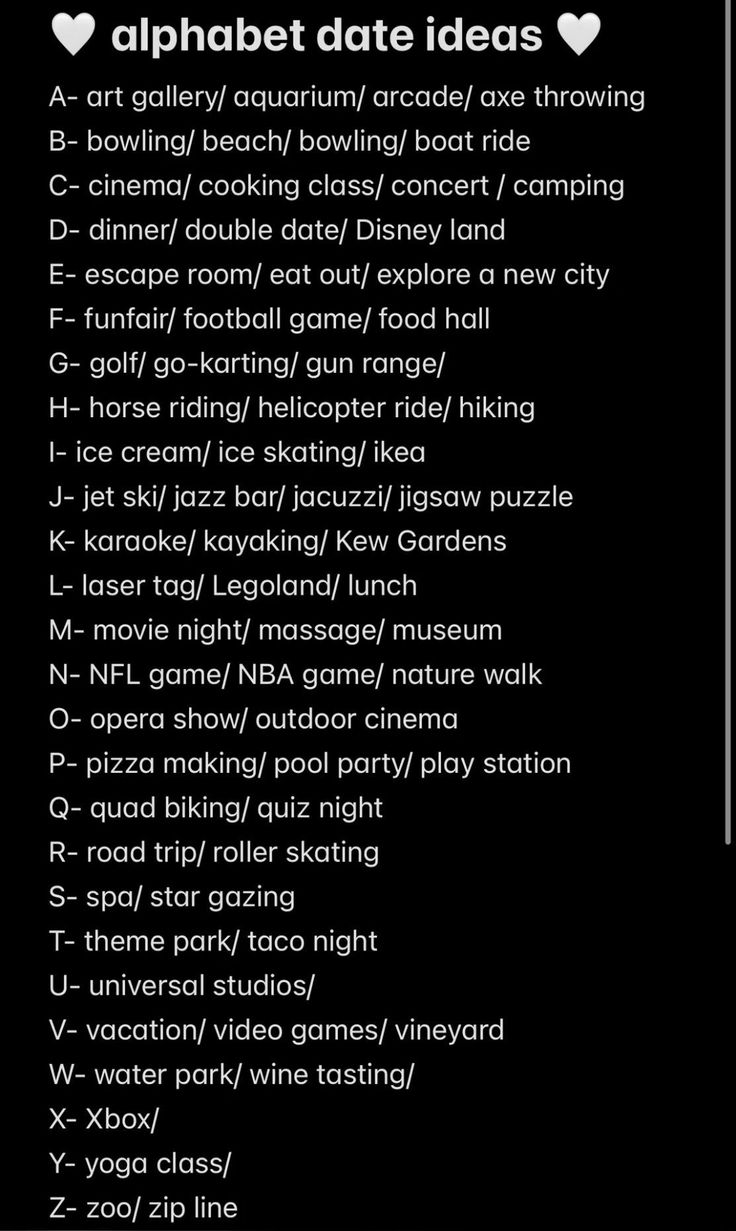 #LoveStory #RomanticEncounters #HeartfeltConnections #DateNightIdeas #SoulmateSearch #FlirtyFridays #CandlelitDinners #StarryEyedMoments #LoveQuotes #DreamyDates #WhisperedPromises #AmourAdventures Cool Dates Ideas, Date Ideas Checklist, Date Places Ideas, Date Ideas Anniversary, Date Ideas Going Out, Alphabet Date Ideas A-z, Date Ideas A-z, A To Z Dates, Date Ideas Notes