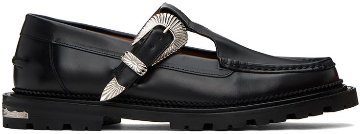 Polished leather loafers in black. · Moc toe �· Pin-buckle strap at vamp · Graphic hardware at vamp and heel · Buffed leather and suede lining · Serrated edge at welt · Stacked leather heel · Treaded rubber sole · Silver-tone hardware Supplier color: Black Buckle Loafers, Leather Loafers, Leather Heels, Apparel Accessories, Rubber Sole, Silver Tone, Slippers, Loafers, Buckle