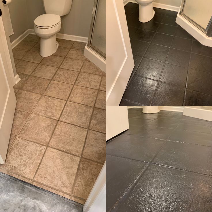 before and after photos of a bathroom with tile flooring