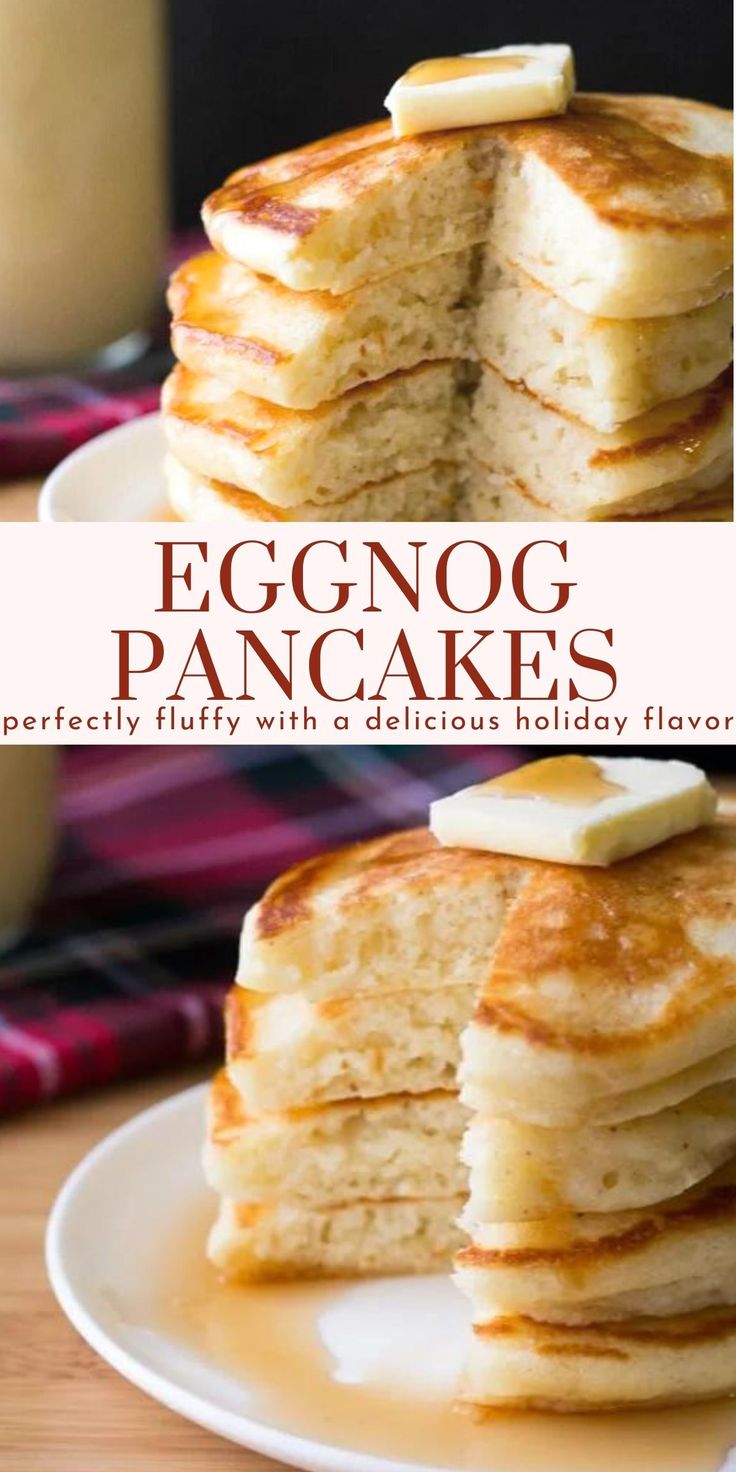 eggnog pancakes on a plate with butter and syrup in the background text reads eggnog pancakes perfectly fluffy with a delicious holiday flavor