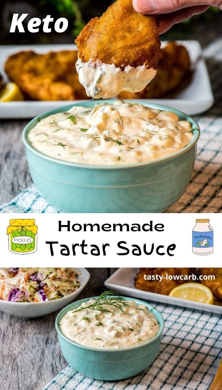 homemade tartar sauce in a blue bowl being lifted from a serving dish with chicken wings