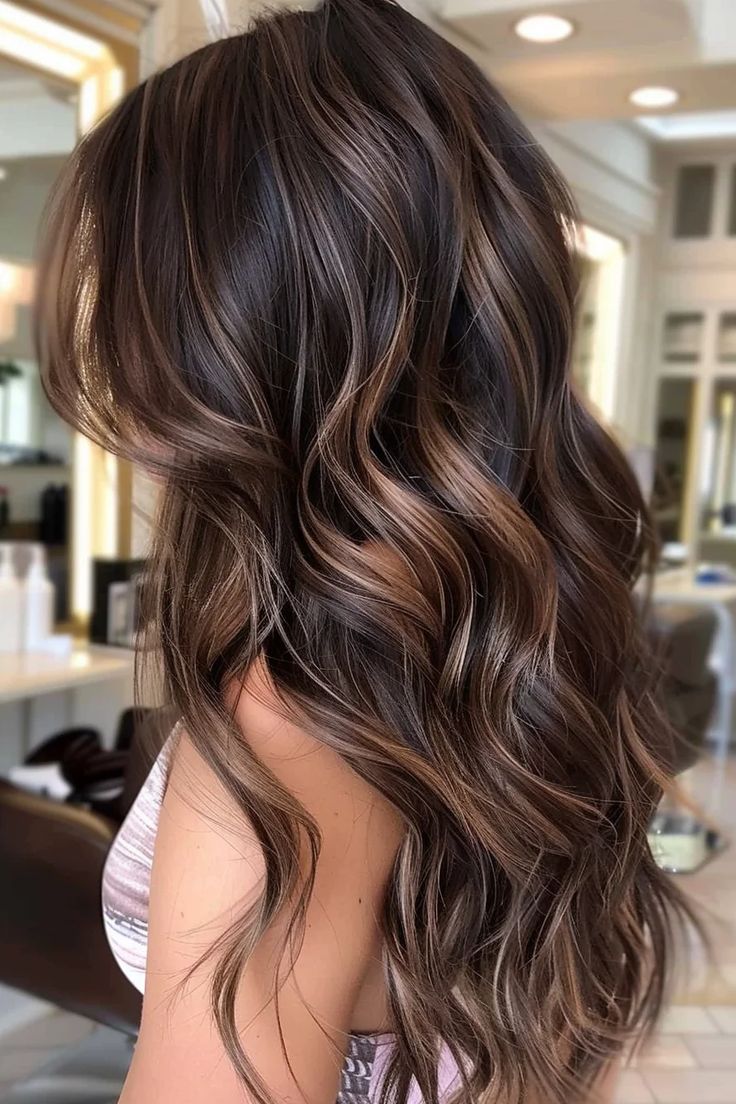 38 Divine Dark Brown Hair Balayage Hairstyles For Beautiful Dimensional Hair Balayage Hair Dark Brown Caramel, Dementional Hair Dark Brown, Cool Highlights For Brown Hair, Highlights For Dark Brown Hair Balayage, Dark Caramel Balayage Brunettes, Fall Balayage For Dark Brown Hair, Espresso Balayage, Dimension Balayage, Girl Hair Styles