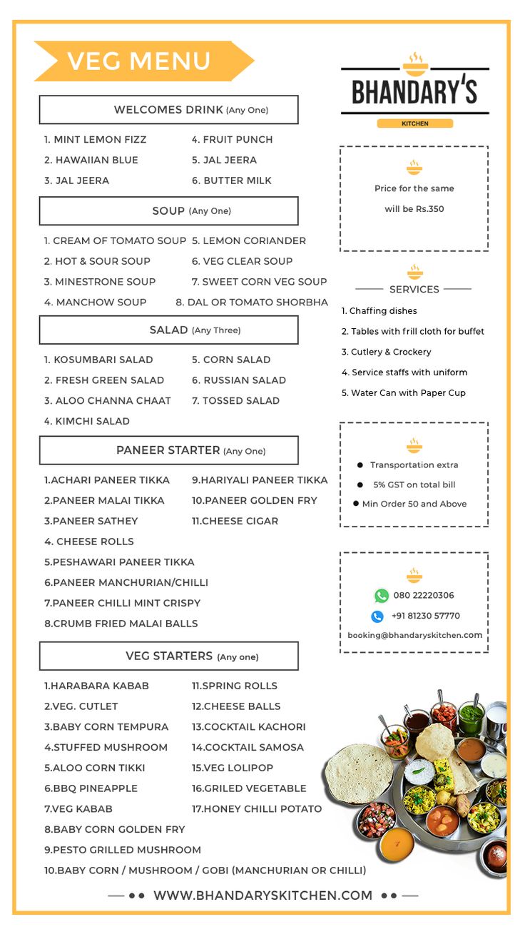 a menu with different types of food and drinks on the front, along with an orange border