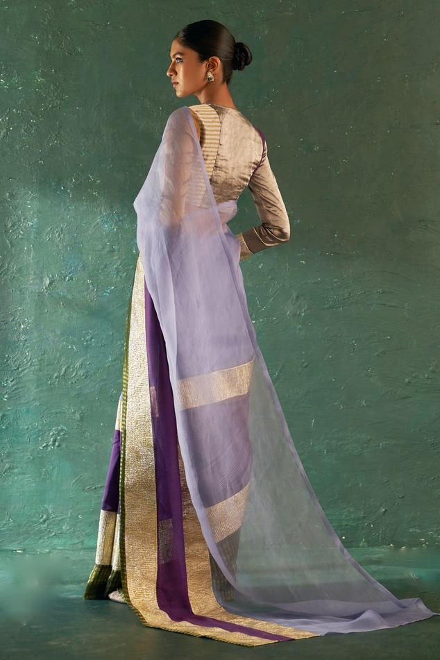 Purple saree crafted from organza and chanderi featuring a stripe pattern and patch work border. Accompanied by a multi-color V neck blouse made of silk tissue with contrast patch work panels., Fit: Relaxed Saree Blouse Work, Ivory Saree, Striped Saree, Embellished Saree, Tissue Sarees, Saree Organza, Ivory Blouse, Tissue Saree, Purple Saree