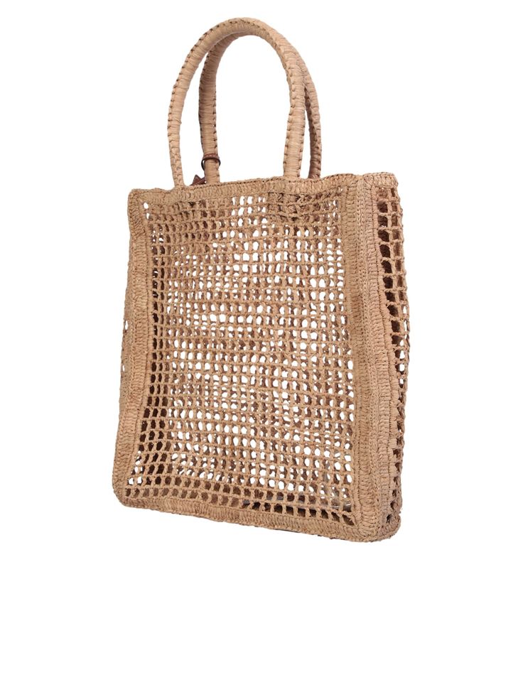 Two top handles Open top Main compartment Rectangle shape Woven raffia design Branded tag to the front Color: beige Depth: 9cm Height: 32cm Widht: 30cm 100% Raffia Composition: 100% Raffia Luxury Rectangular Straw Bag With Handles, Designer Rectangular Straw Bag With Top Carry Handle, Rectangular Box Bag With Leather Handles For Shopping, Luxury Rectangular Straw Bag For Shopping, Luxury Rectangular Straw Shopping Bag, Rectangular Box Bag With Detachable Handle For Shopping, Designer Bags With Double Handles In Natural Color, Luxury Rectangular Straw Bag With Top Carry Handle, Designer Beige Rectangular Straw Bag