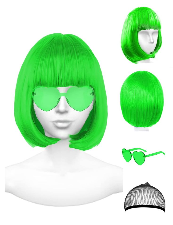 PRICES MAY VARY. ❤️【Featured Colorful Wigs】 you will receive 1 X bob wig + 1 X party glasses in different colors, enough to meet your various needs. These wigs with bangs would make you more eye-catching, we can hardly think of a more Instagrammable moment, wear it on and make a nice pose, share your good times with friends now! ❤️【Premium Material】 each colored wig is built around a lightweight and breathable netted cap, no shedding, tangling and odor. Each bachelorette wig is made of great pol Bachelorette Party Wigs, Neon Green Wig, Green Bob Wig, Fun Wigs, Green Bob, Green Wigs, Colorful Wigs, Rainbow Wig, Rainbow Hair Color