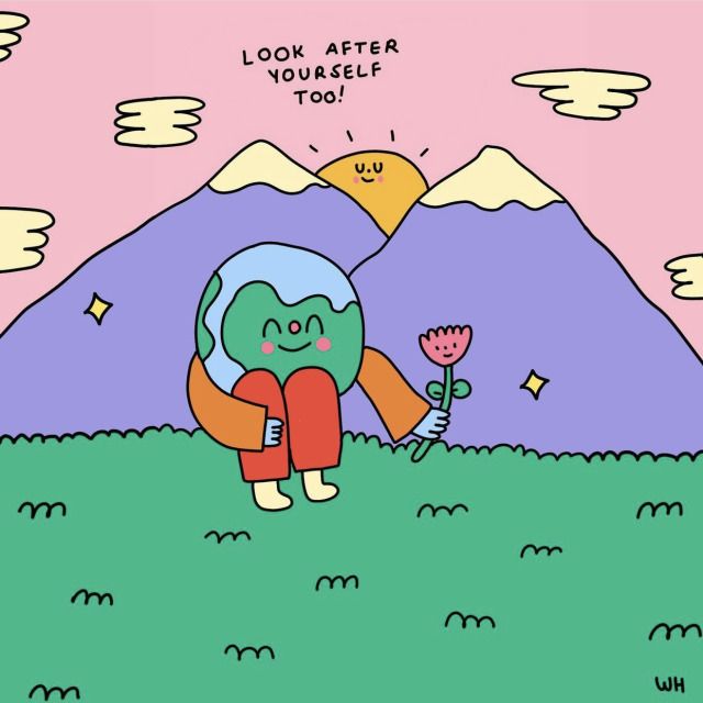 an image of a cartoon character holding a flower in front of a mountain with the words look after you're too