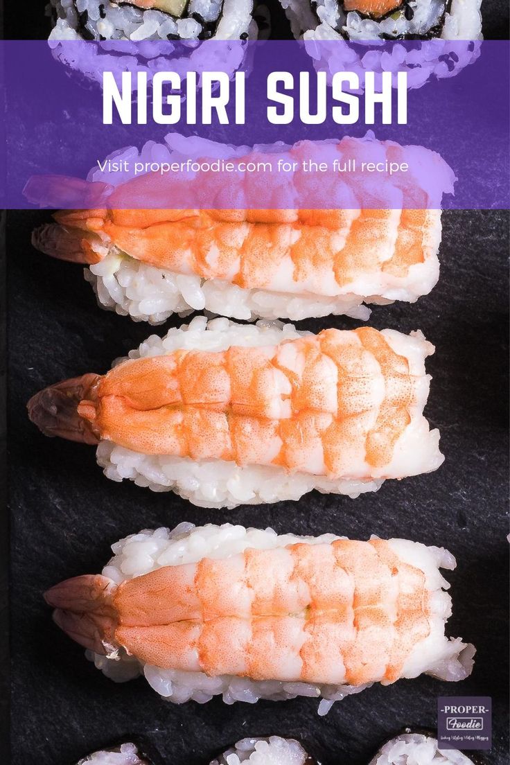 sushi with shrimp on top and rice in the middle, along with text overlay that reads nigiri sushi