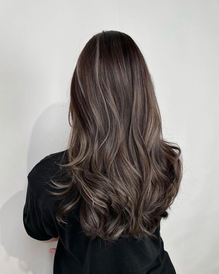 Half Balayage Black Hair, Dark Hair With Partial Balayage, Chocolate Ash Balayage, Ashy White Balayage, Light Cool Brown Balayage, Dark Balayage Long Hair, Brown One Color Hair, Brown Hair With Sandy Highlights, Ash Brown Hair With Curtain Bangs