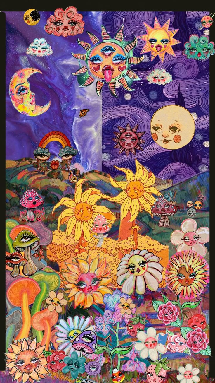 an art work with flowers and cats in the middle of it, surrounded by stars