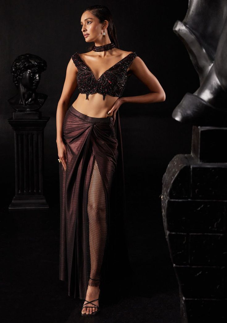 Roqa-Black Copper Draped Skirt Set-INDIASPOPUP.COM Indian Outfits Modern, Caribbean Fashion, Blouse Yoke, Butterfly Blouse, Casual Indian Fashion, Black Drapes, Fishtail Skirt, Draped Skirt, Lakme Fashion Week