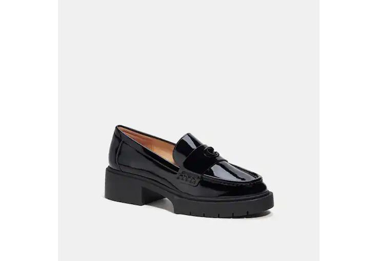 COACH® | Leah Loafer Patent Leather Platform Loafers For Fall, Patent Leather Platform Loafers With Round Toe For Fall, Fall Season Patent Leather Platform Loafers, Spring Patent Leather Platform Loafers With Lug Sole, Spring Patent Leather Platform Loafers For Work, Chic Patent Leather Platform Loafers For Fall, Fall Patent Leather Loafers With Lug Sole, Patent Leather Platform Loafers For Spring Workwear, Casual Patent Leather Platform Loafers With Leather Sole