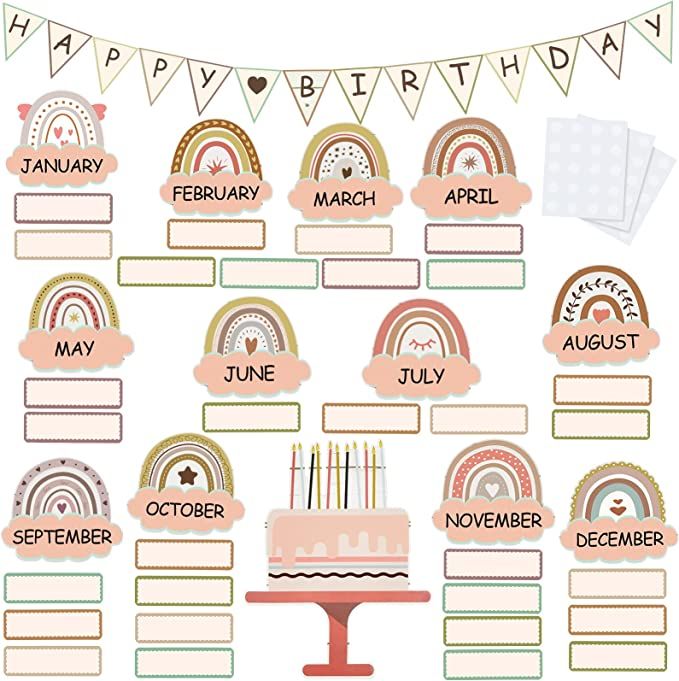 a birthday calendar with rainbows, clouds and bunting flags on it's side